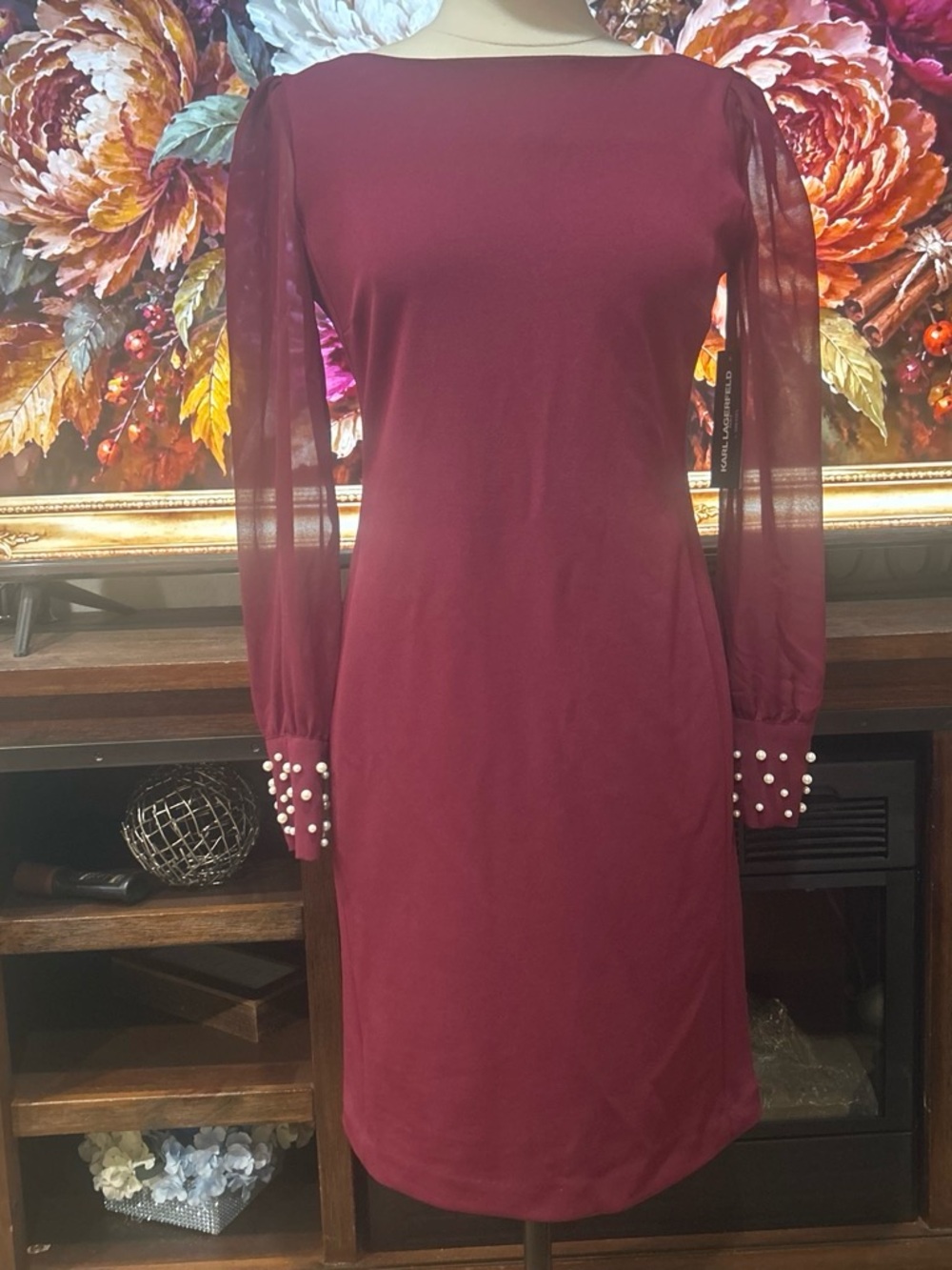 Karl Lagerfeld Burgundy Long-Sleeve Sheer-Sleeve Dress with Pearl Cuffs